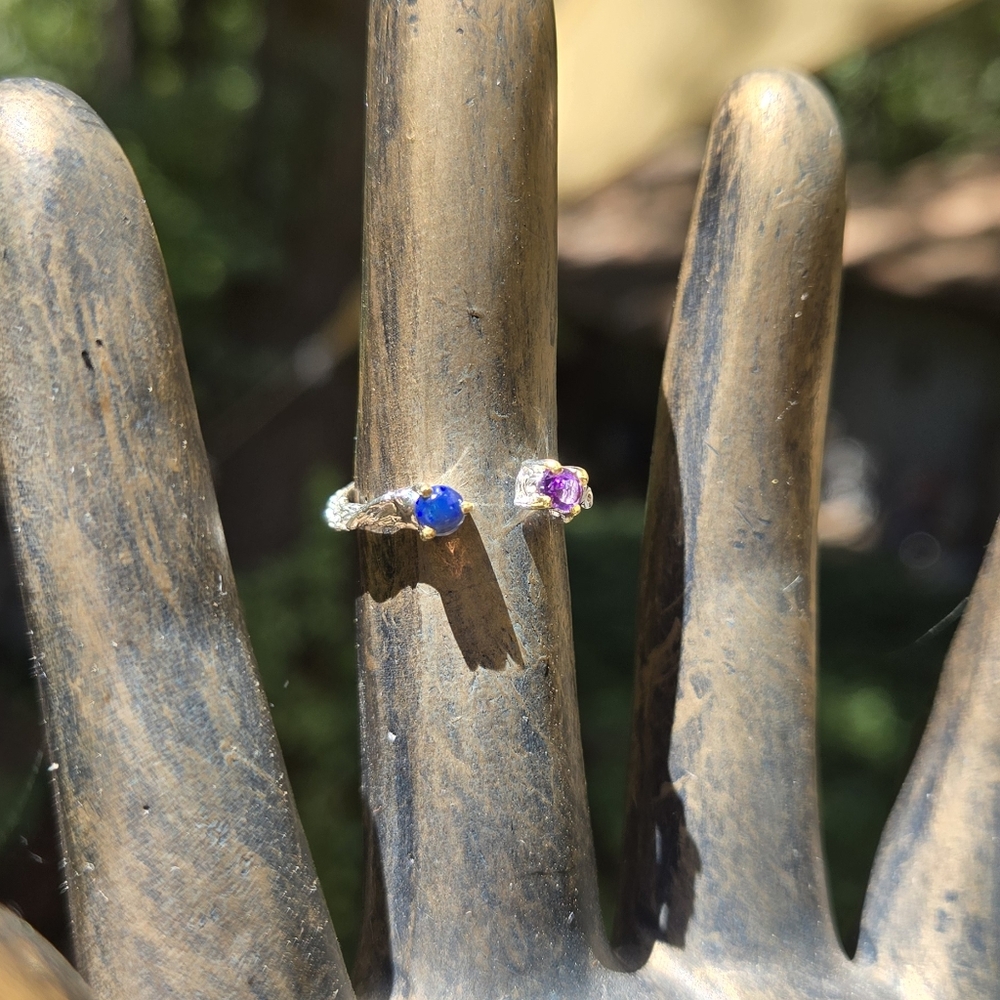 Opal & Amethyst Gemstone Sterling & Gold Ring Sz6 Adjustble - Picture 7 of 11